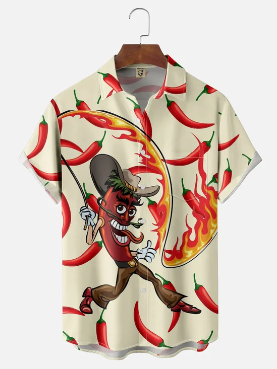 Moisture Wicking Cinco de Mayo Chili Denim Chest Pocket Hawaiian Shirt