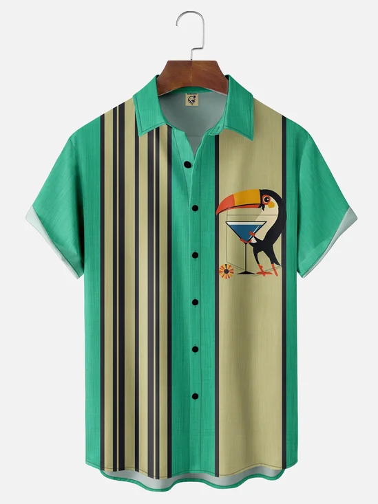 Moisture Wicking Striped Cocktail Toucan Chest Pocket Bowling Shirt