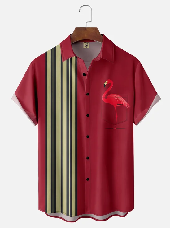 Moisture Wicking Striped Flamingo Chest Pocket Bowling Shirt
