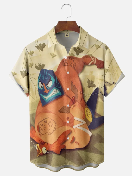 Moisture Wicking Wrestling Chicken Chest Pocket Hawaiian Shirt
