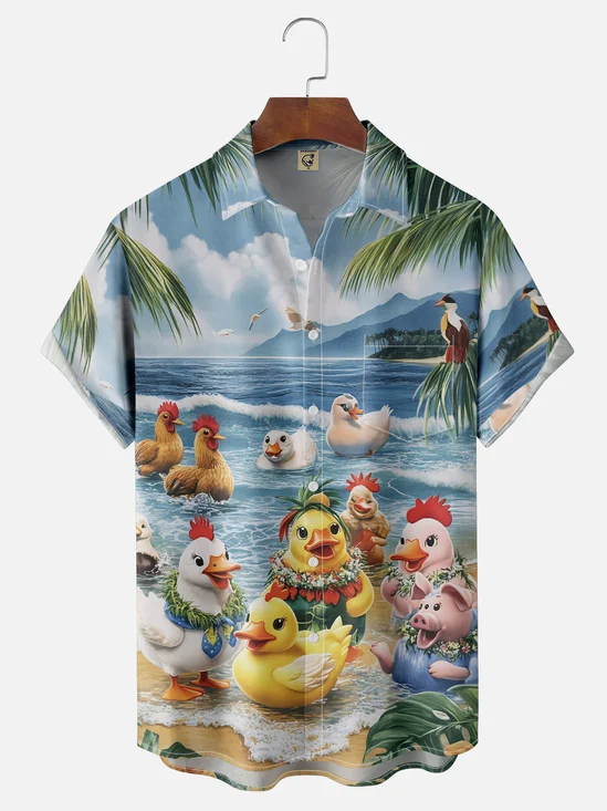 Moisture Wicking Beach Fun Chicken Duck Goose Pig Chest Pocket Hawaiian Shirt