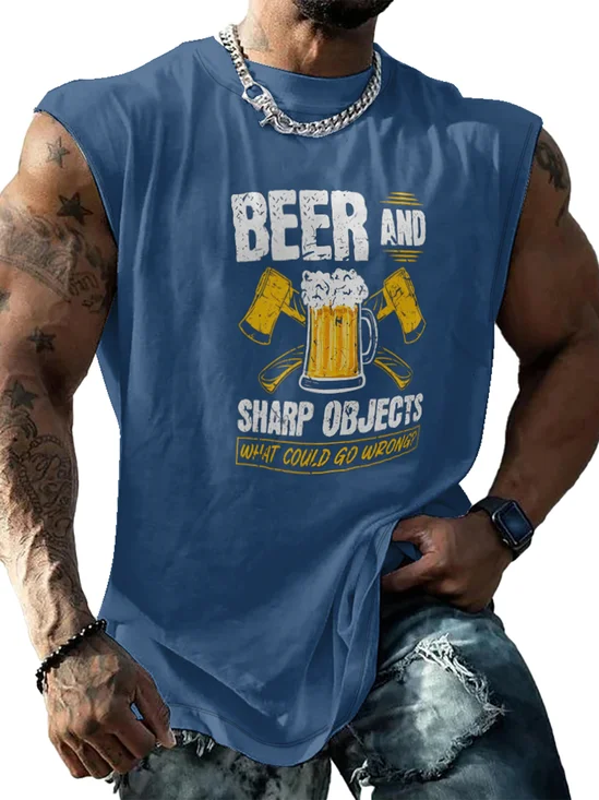 Mens Crewneck Tank Tops Beer Sharp Object Beach Sleeveless Shirt