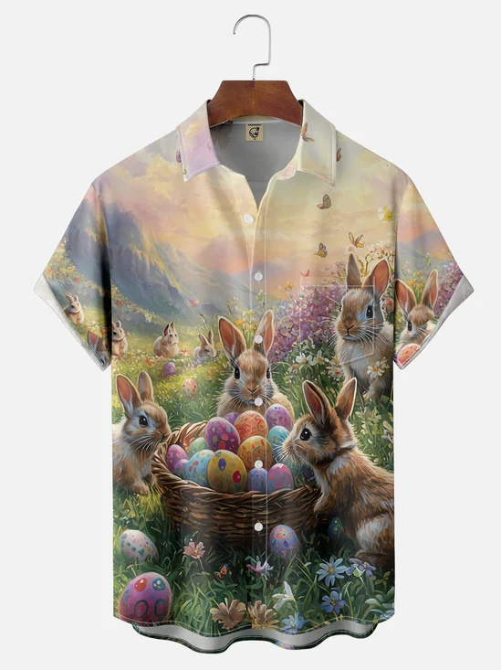 Moisture-wicking Easter Bunny Rabbit Eggs Chest Pocket Casual Shirt