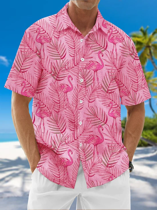 Moisture Wicking Floral Flamingo Chest Pocket Hawaiian Shirt