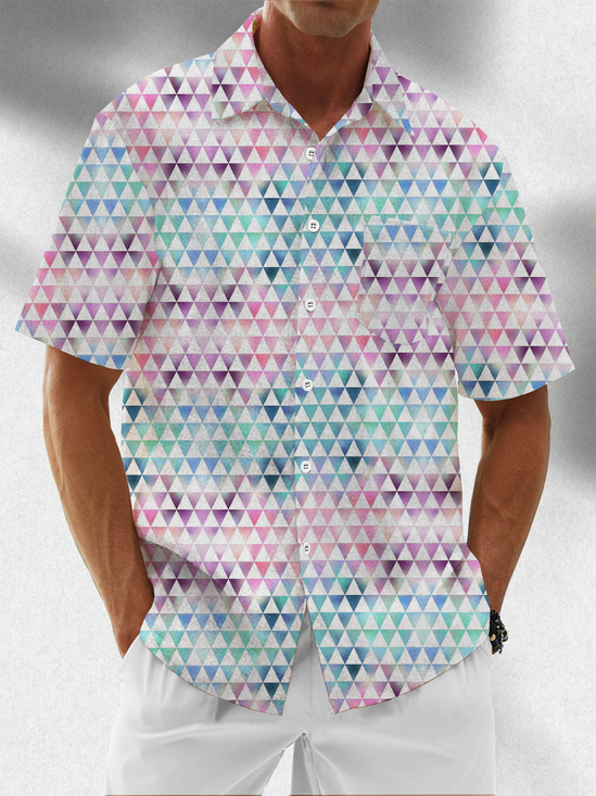 Moisture Wicking Geometric Gradient Color Block Chest Pocket Hawaiian Shirt