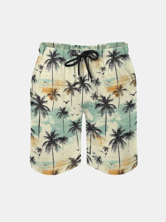 Men's Swim Trunks Hawaiian Tropical Palm Tree Beach Shorts with Pockets