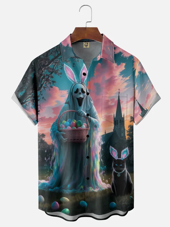 Moisture-wicking Easter Egg Cat Ghost Horror Chest Pocket Casual Shirt