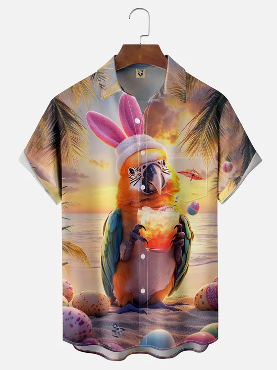 Moisture-wicking Easter Eggs Parrot Cocktail Coconut Tree Beach Chest Pocket Hawaiian Shirt