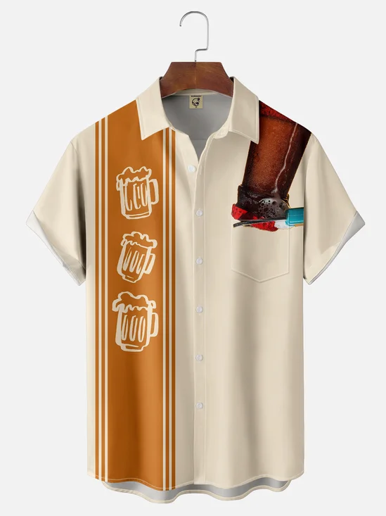 Moisture-wicking Delicious Beer Art Illustration Chest Pocket Bowling Shirt
