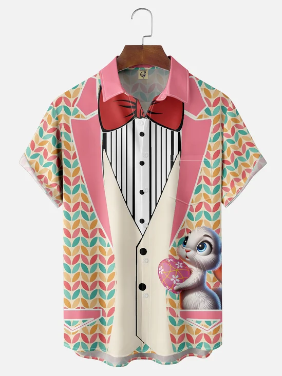 Moisture-wicking Easter Fun Suit Bunny Egg Print Chest Pocket Casual Shirt