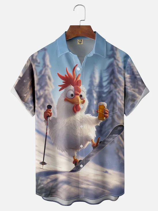 Moisture-wicking Fancy Skiing Chicken Beer Chest Pocket Hawaiian Shirt