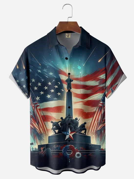 Moisture-wicking Memorial Day American Flag Moment of Silence Chest Pocket Casual Shirt