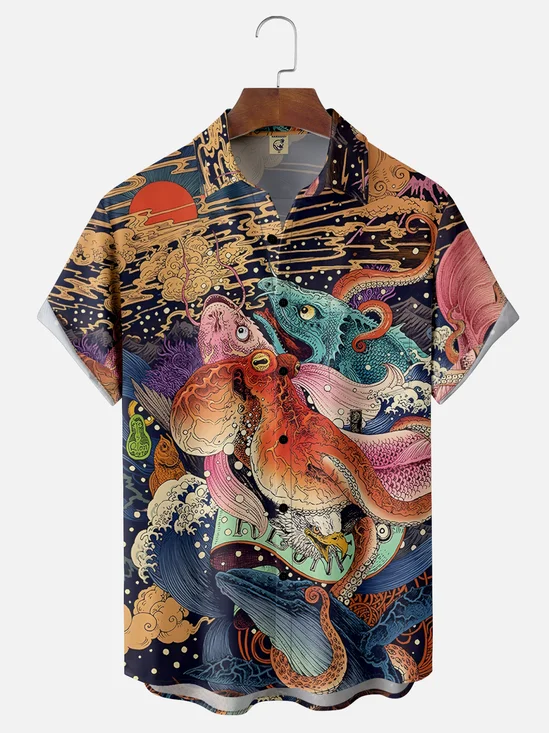 Moisture-wicking Ukiyoe Octopus Marine Life Chest Pocket Casual Shirt