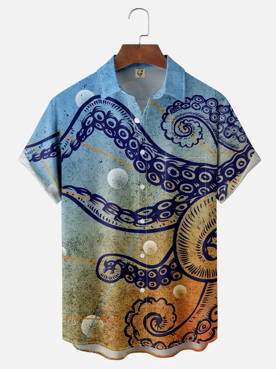 Moisture-wicking Octopus Marine Life Gradient Color Chest Pocket Casual Shirt