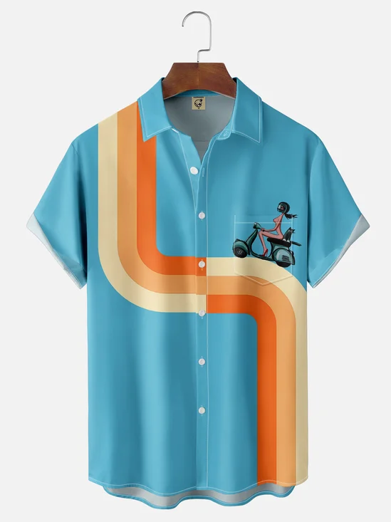 Moisture-wicking Motorcycle Lady Artistic Fun Blue Chest Pocket Bowling Shirt