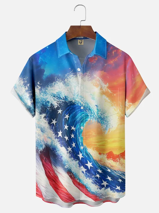 Moisture-wicking Independence Day American Flag Waves Chest Pocket Casual Shirt