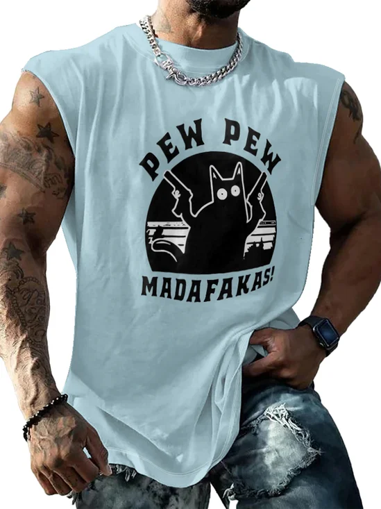 Mens Crewneck Tank Tops PEW PEW MADAFAKAS Cat Beach Sleeveless Shirt