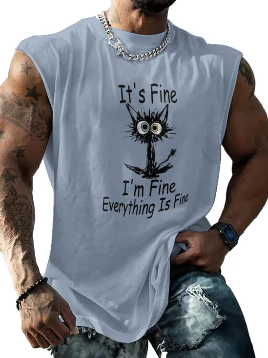 Mens Crewneck Tank Tops Im Fine Everythings Fine Eexploding Cat Beach Sleeveless Shirt