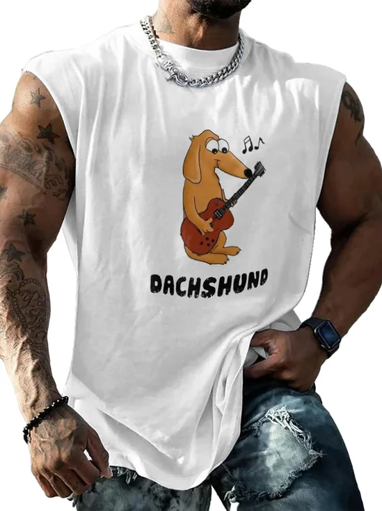 Mens Crewneck Tank Tops Dachshund Play Guitar Beach Sleeveless Shirt