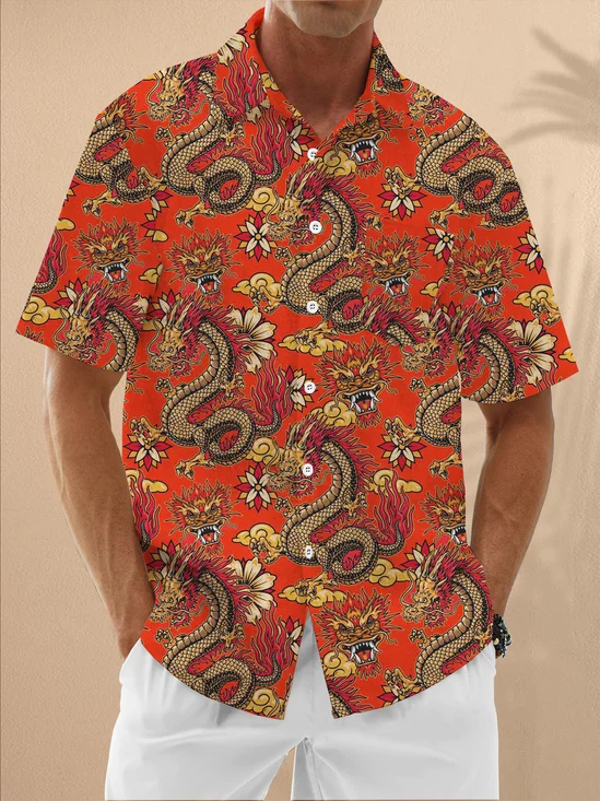 Moisture Wicking Floral Dragon Chest Pocket Hawaiian Shirt