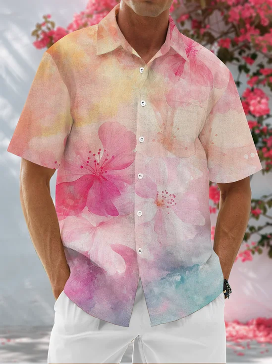 Moisture Wicking Floral Gradient Chest Pocket Hawaiian Shirt