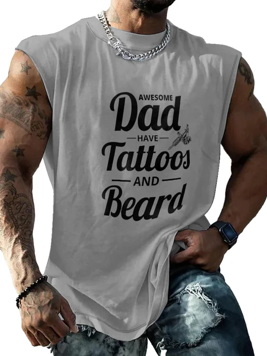 Mens Crewneck Tank Tops Awesome Dad Have Tattoos And Beard Beach Sleeveless Shirt