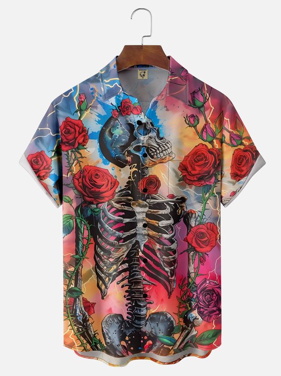 Moisture-wicking Music Rock Punk Skull Rose Chest Pocket Casual Shirt