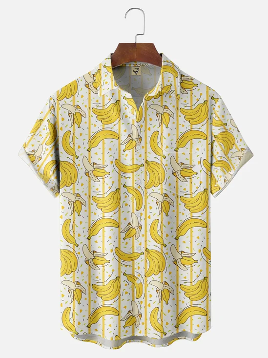 Moisture-wicking Banana Fruit Stripes Chest Pocket Hawaiian Shirt