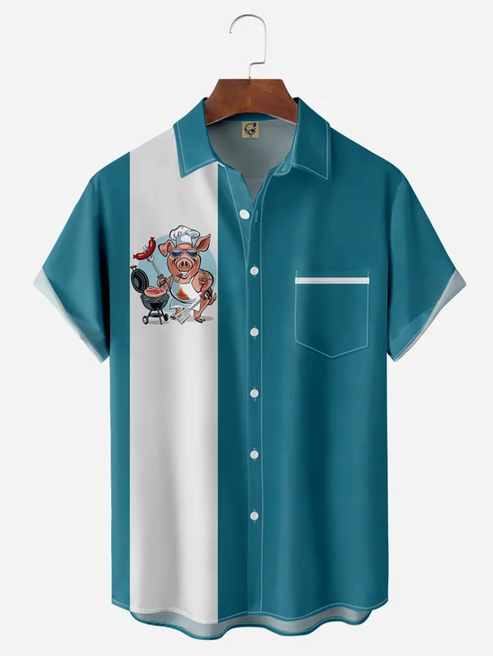Tall Size BBQ Pig Cooker Chest Pocket Short Sleeve Bowling Shirt