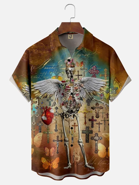 Moisture-wicking Music Rock Punk Skull Cross Chest Pocket Casual Shirt