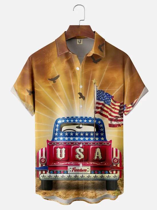 Moisture-wicking Independence Day Memorial Day American Flag Vintage Car Chest Pocket Casual Shirt