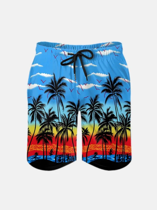 Men's Swim Trunks Hawaiian Tropical Palm Tree Beach Shorts with Pockets
