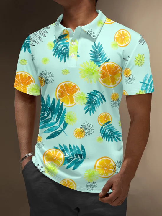 Moisture Wicking Hawaiian Orange Flowers Palm Leaf Golf Polo
