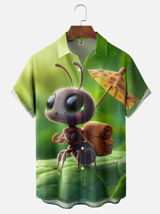 Moisture-wicking Fun Cute Insect Ant Holding Umbrella Chest Pocket Hawaiian Shirt