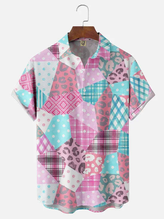 Moisture Wicking Abstract Geometric Paneling Check Chest Pocket Hawaiian Shirt