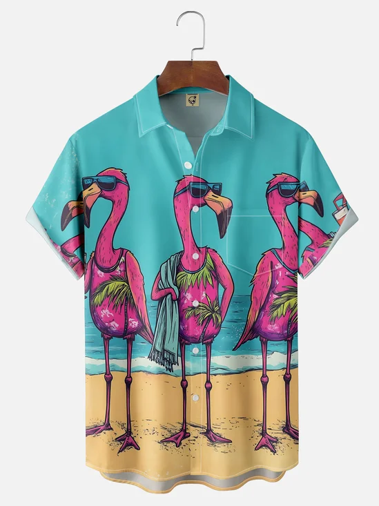Moisture Wicking Funny Flamingo Chest Pocket Hawaiian Shirt