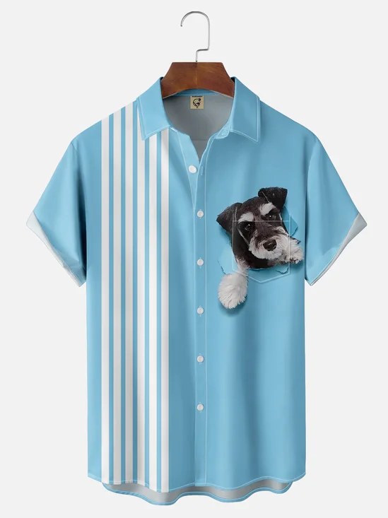 Moisture-wicking Pet Day Funny Cute Dog Blue Chest Pocket Bowling Shirt