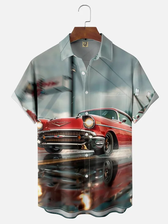 Moisture-wicking American Retro Car Art Chest Pocket Casual Shirt