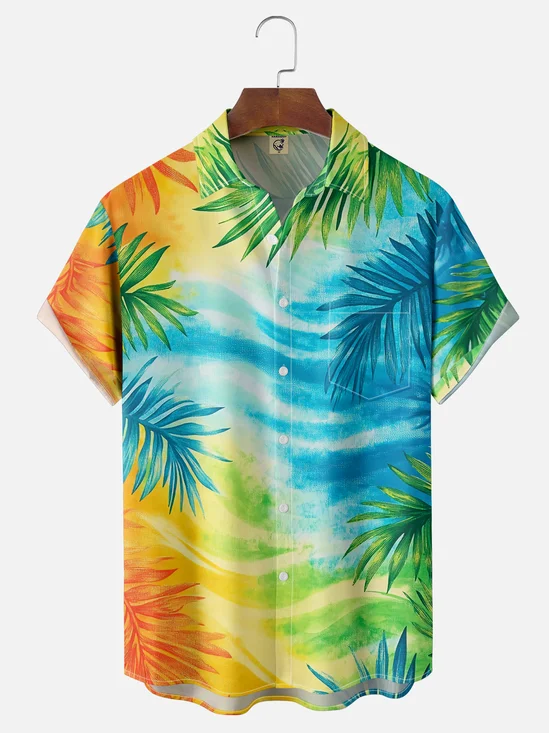 Moisture Wicking Tie-Dye Ombre Botanicals Chest Pocket Hawaiian Shirt