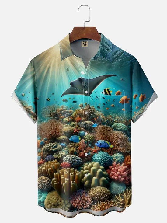 Moisture-wicking Coral Manta Ray Fish Marine Life Chest Pocket Hawaiian Shirt