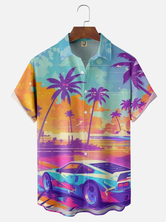 Moisture-wicking Muscle Car Coconut Tree Vacation Chest Pocket Hawaiian Shirt