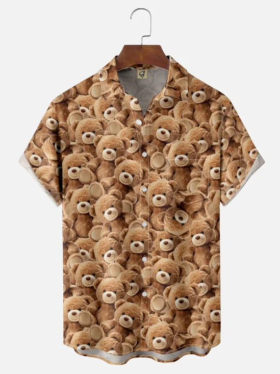 Moisture Wicking Bear Stuffed Animal Chest Pocket Hawaiian Shirt