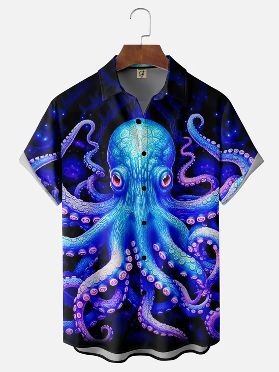 Moisture Wicking Gradient Octopus Chest Pocket Hawaiian Shirt