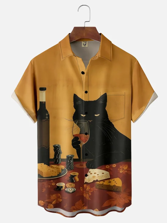 Moisture-wicking Black Cat Chips Cheese Chest Pocket Casual Shirt