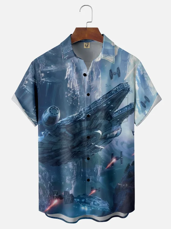 Moisture-wicking Star Spaceship Universe Planet Chest Pocket Casual Shirt