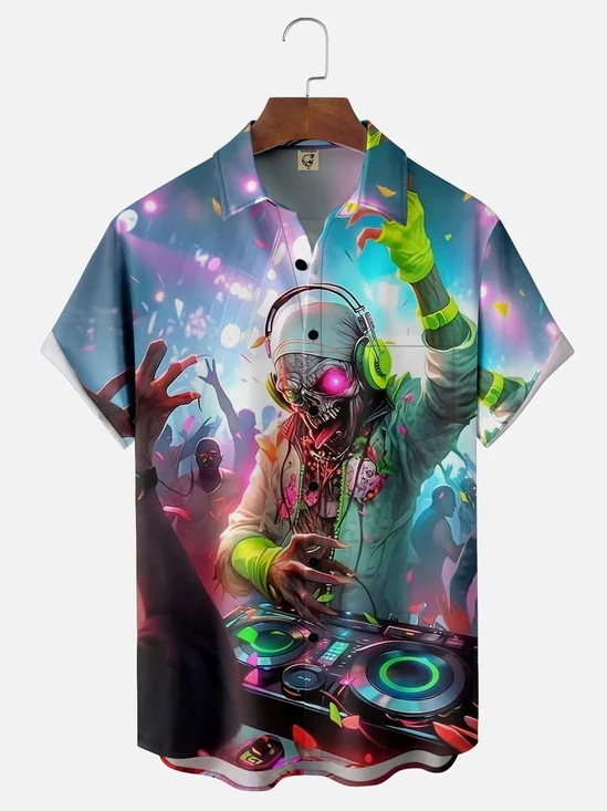 Moisture-wicking Cyberpunk Zombie Electronic Music Festival Rock Art Chest Pocket Casual Shirt