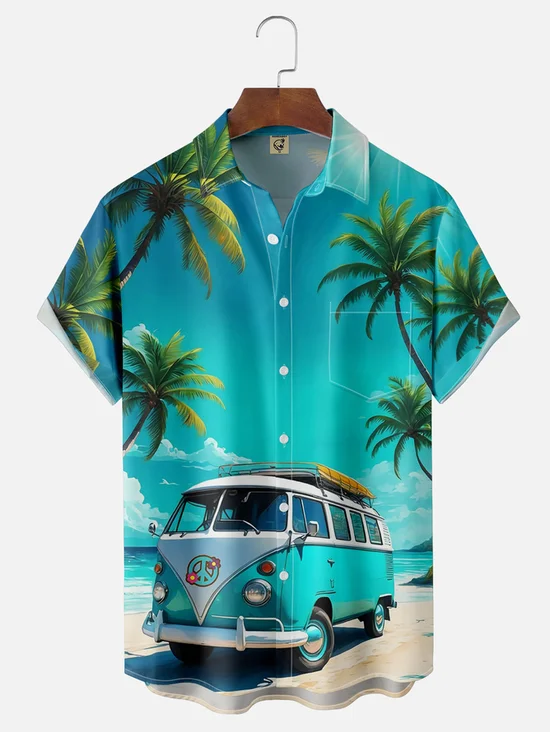 Tall Size Moisture-wicking Vintage Car Palm Tree Chest Pocket Hawaiian Shirt