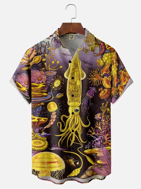 Moisture-wicking Squid Ocean Coral Chest Pocket Casual Shirt
