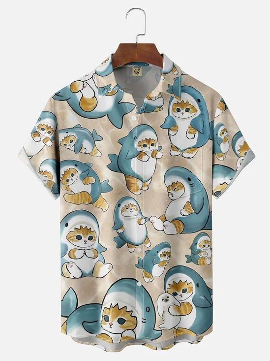 Moisture-wicking Cat Shark Funny Chest Pocket Casual Shirt