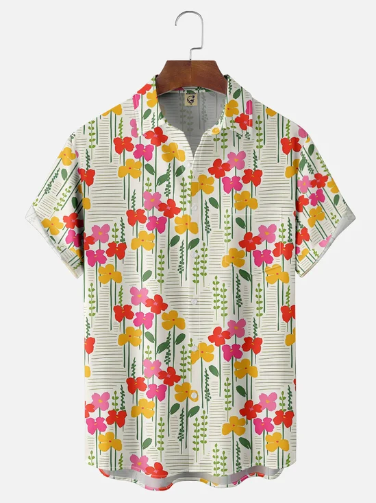 Moisture-wicking Vintage Classic Floral Botanical Art Painting Chest Pocket Hawaiian Shirt